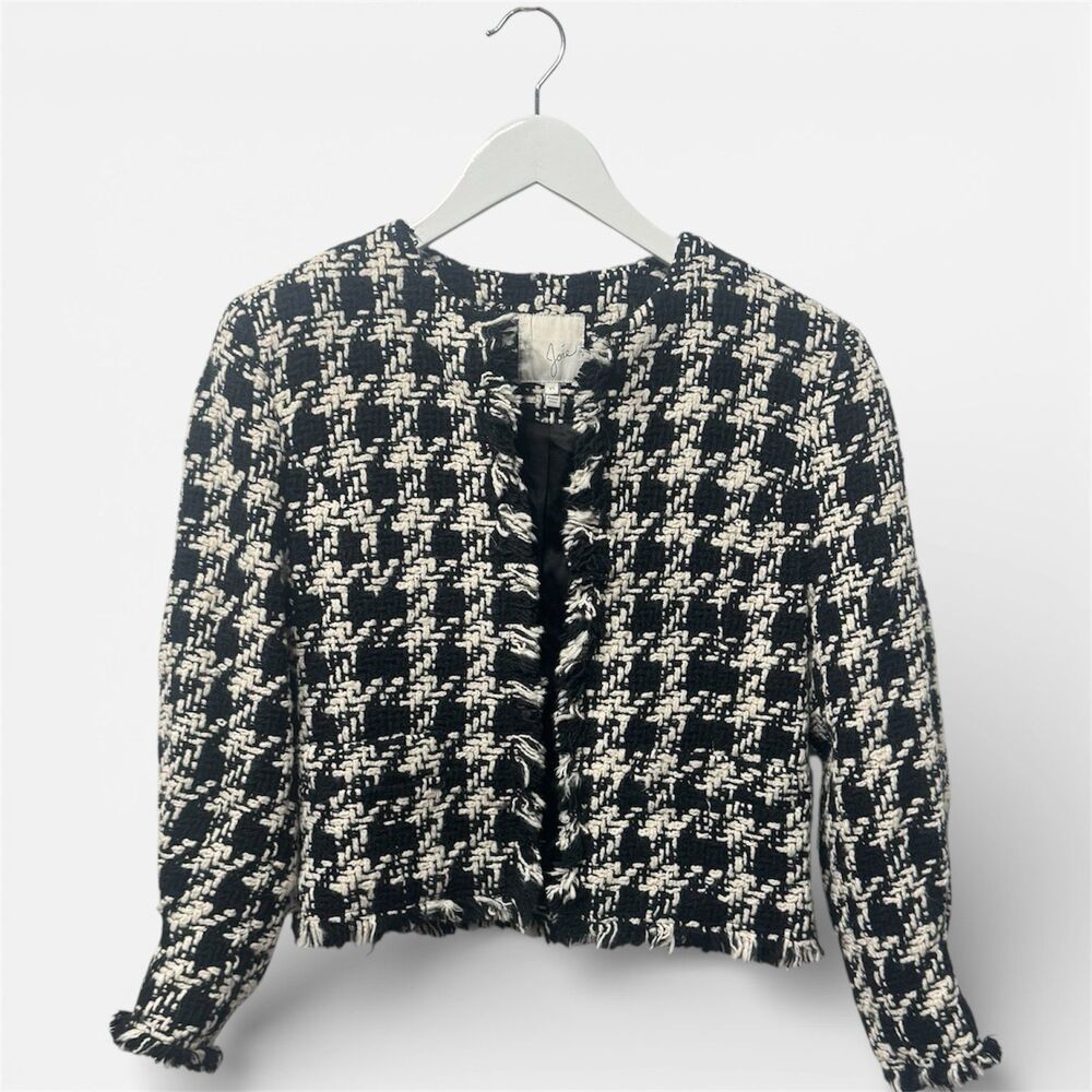 Joie Size XS Jacket Black & Ivory Tweed Cropped Fringe Trim Open Front